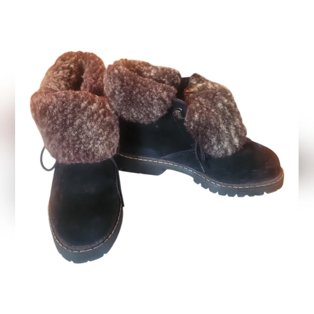 Sorel Women's Black Suede Cuff Over Faux Fur Lined Winter Ankle Bootie Boots 7M